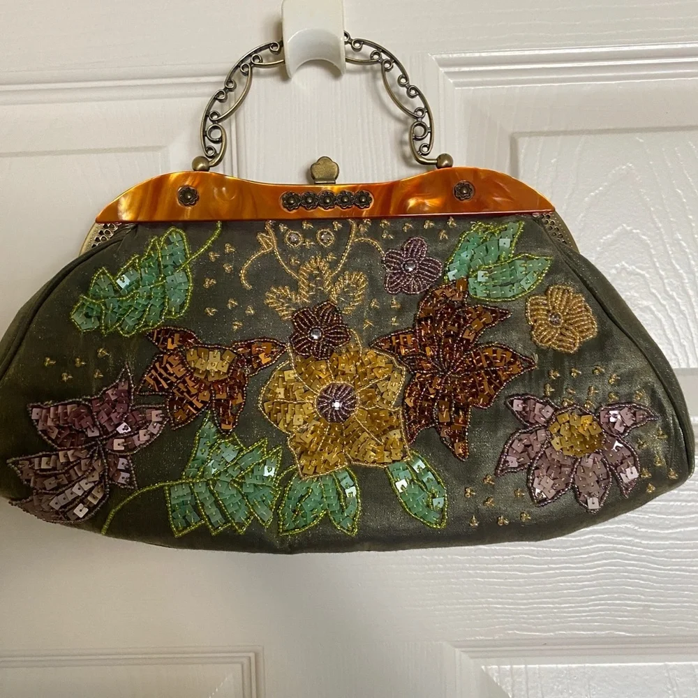 Lime Green Satin‎ Beaded Purse Beautiful, Handle or Crossbody Straps
